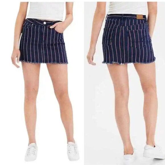 American Eagle Hi-Rise Mini Skirt Jean Stretch Blue Red Stripe Size 6 - Picture 1 of 9